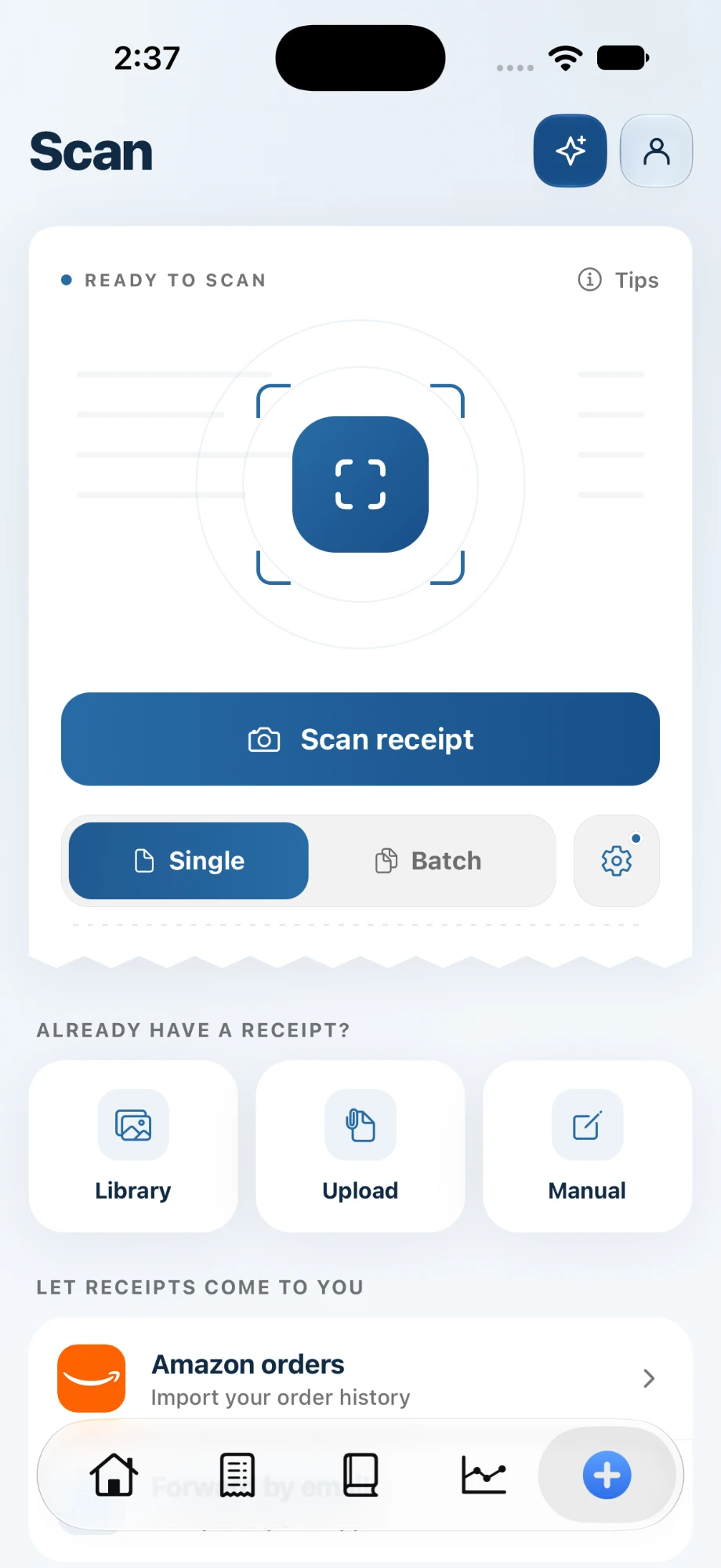 Scan screen with a Scan receipt button, single and batch modes, and options to import from your photo library, upload, or enter manually